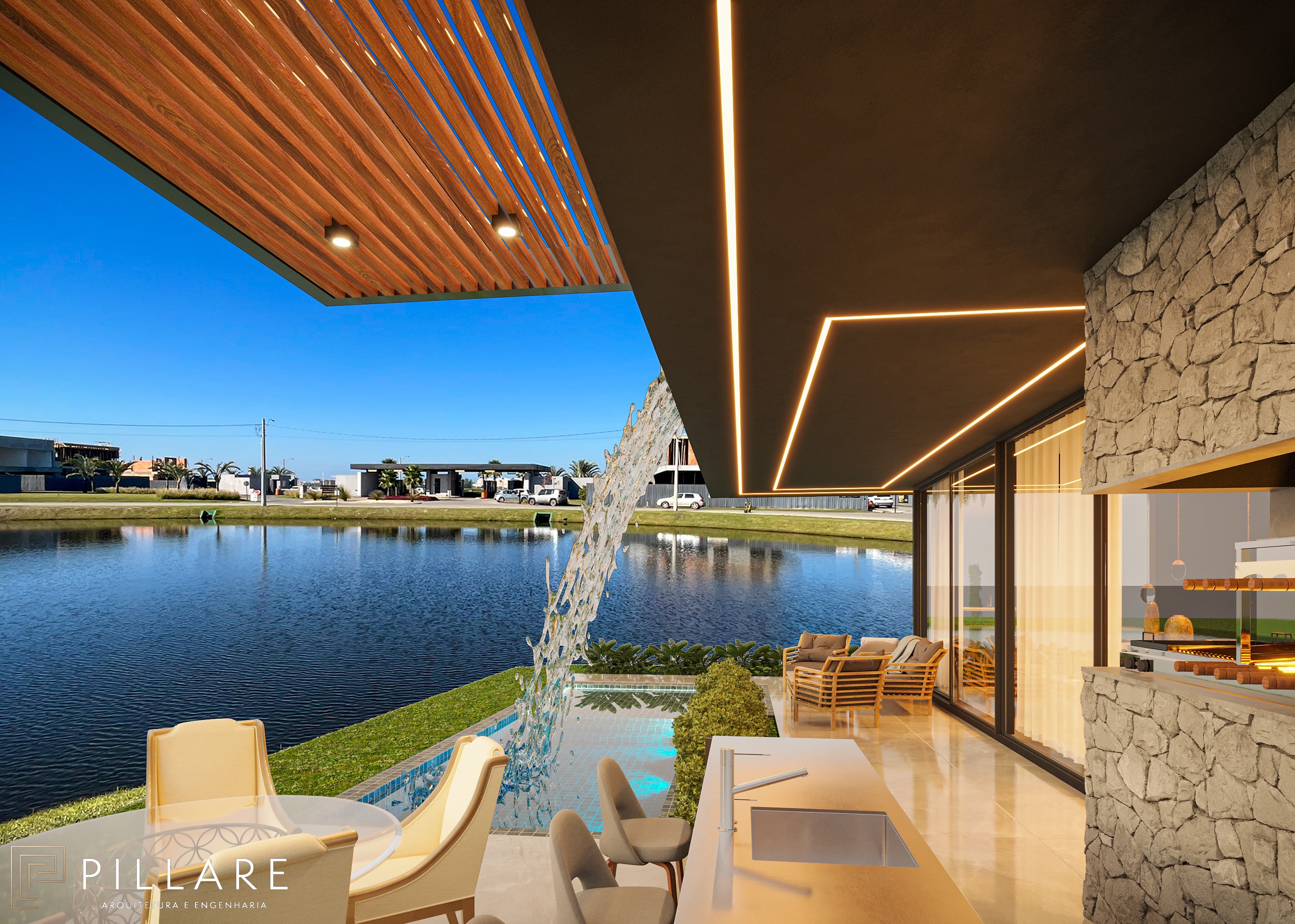 Área externa com piscina e vista para o lago